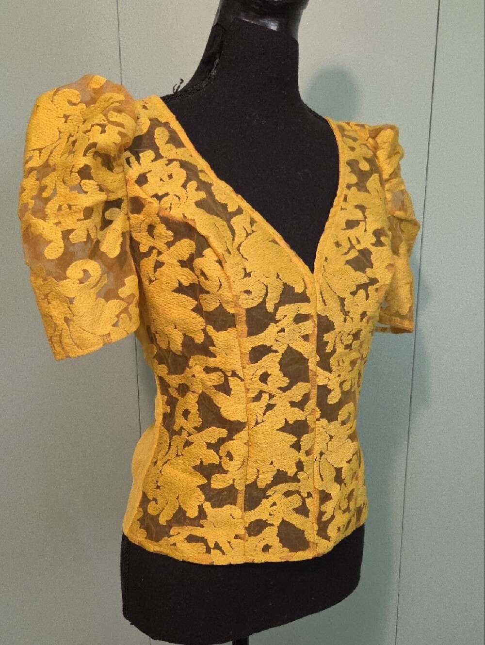 Nwt Peach Mustard Yellow Lace Puff Sleeve V-Neck Top Sheer Size Medium - Picture 2 of 7